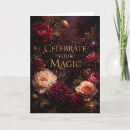 Moody Dark Floral Gold Script Birthday Card Kort