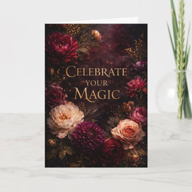 Moody Dark Floral Gold Script Birthday Card Kort (Framsida)