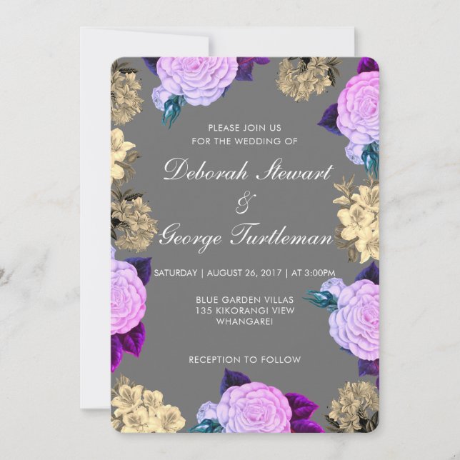 Moody Dark Gray Violet Floral Boho Charcoal Inbjudningar (Framsida)
