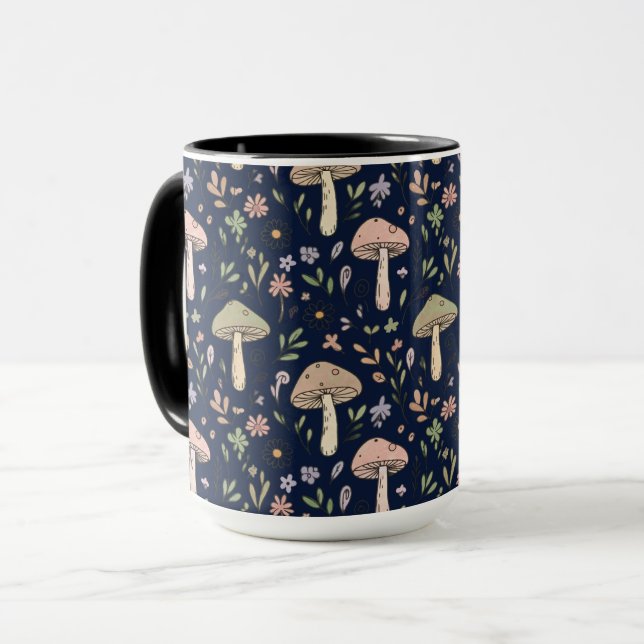 Moody Dark Navy Fungi Seamless Pattern Mugg (Framsida vänster)