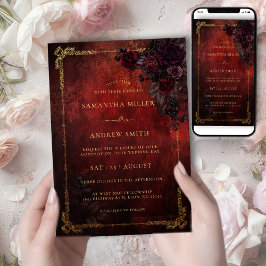 Moody Dark Romance Wedding Burgundy Gold Inbjudningar
