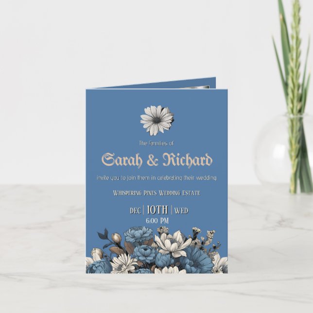 Moody Denim & Navy Floral Bröllopsinbjudan med ege Inbjudan (Framsida)