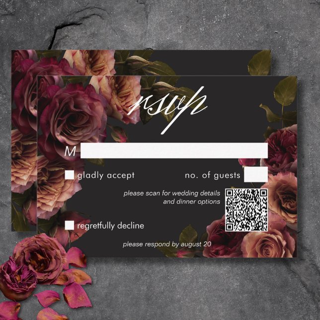 Moody elegant för upplöst rost och burgundisk Blom OSA Kort (Elegant Moody Muted Rust & Burgundy Floral QR Code RSVP Card)