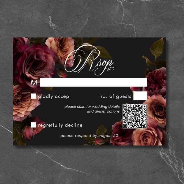Moody elegant för upplöst rost och burgundisk Blom OSA Kort (Elegant Moody Muted Rust & Burgundy Floral QR Code RSVP Card)