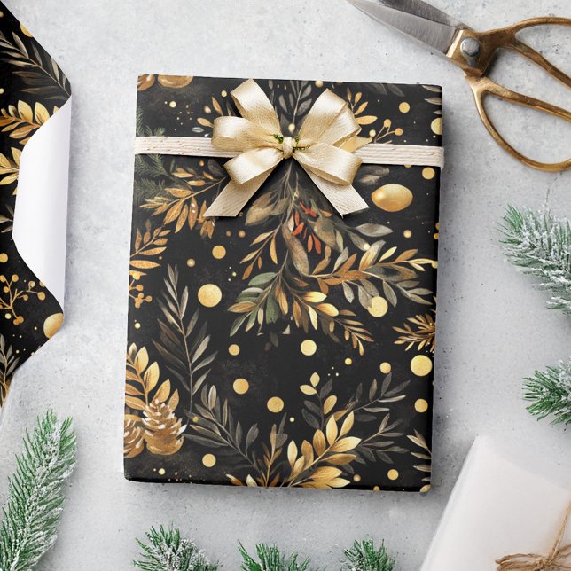 Moody Elegant i julklapp, svart Guld Presentpapper (Christmas Black Gold Moody Elegant Festive Wrapping Paper)