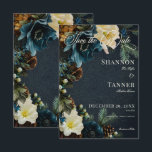 Moody Elegant Vinter Blue Blommigt Gräs Bröllop Spara Datumet<br><div class="desc">Fånga magin i ett vinterland med den här fantastiska besparingen av datumkortet. Den ömtåliga sprejen av vitt och djupt blåa blommor, försedd med enbär gräs, bär och pinekoner, framkallar en känsla av festiv cheer och vintern elegans. Den djupa blå bakgrunden, som dammsugs med känsligt vitt snö, skapar en verkligt magisk...</div>