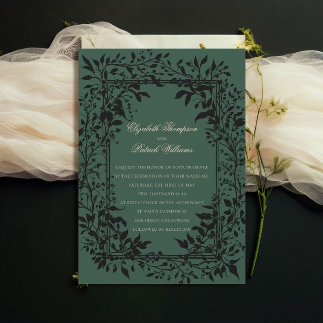 Moody Eleganten för skogen i Botaniska  Klassiskt  Inbjudningar (moody forest wedding invitation botanical frame green elegant modern traditional calligraphy)