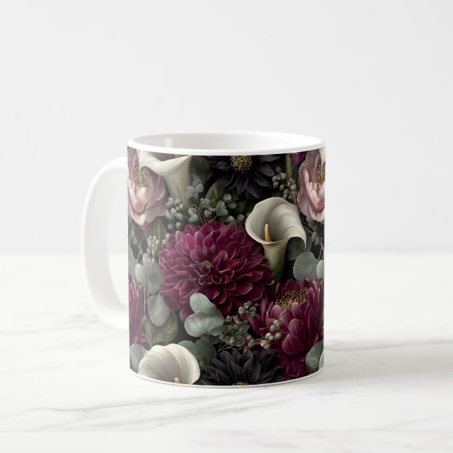 Moody Floral Pattern with Dahlias and Calla Lilies Kaffemugg (Framsida vänster)
