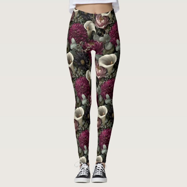 Moody Floral Pattern with Dahlias and Calla Lilies Leggings (Framsida)