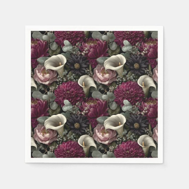 Moody Floral Pattern with Dahlias and Calla Lilies Pappersservett (Framsidan)