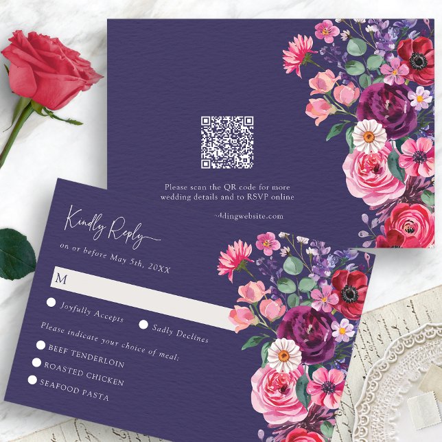 Moody Floral RSVP-kort OSA Kort (Moody Navy Blue Watercolor Floral RSVP Card with QR Code by Painted Paperie
)