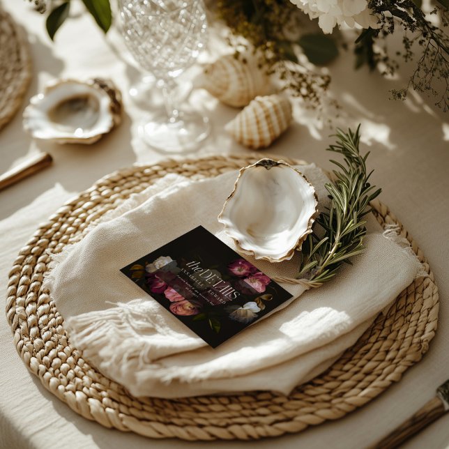 Moody Floral Wedding Details Burgundy & Black OSA Kort (Skapare uppladdad)