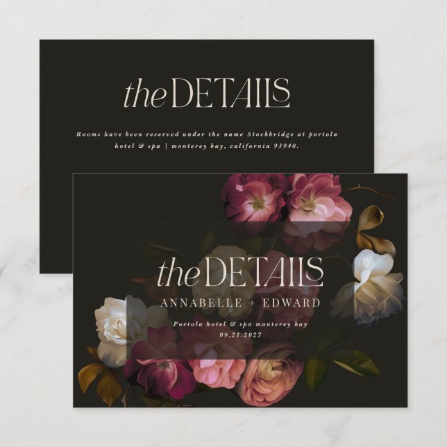 Moody Floral Wedding Details Burgundy & Black Tilläggskort (Fram/baksida)