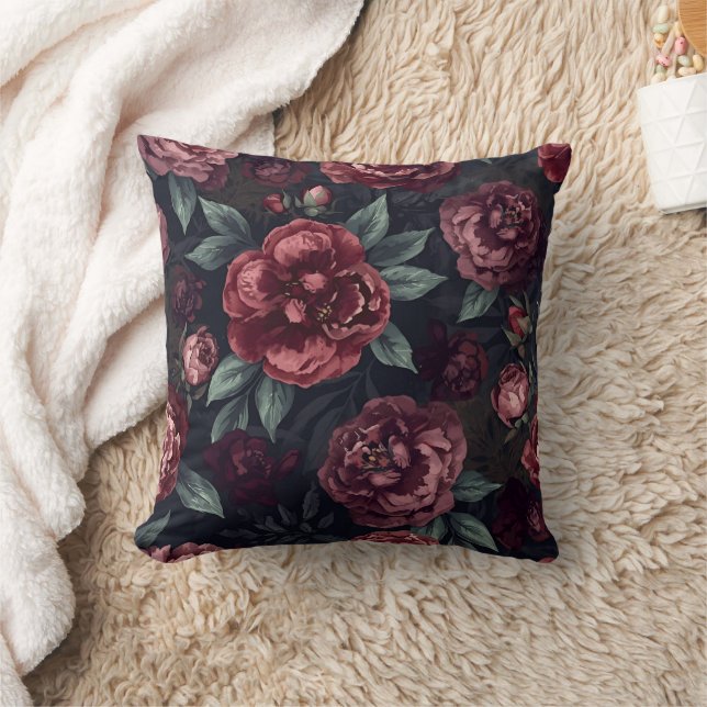 Moody Florals Watercolor Dark Red Pattern Kudde (Filt)