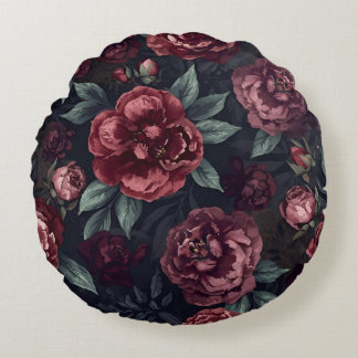 Moody Florals Watercolor Dark Red Pattern Rund Kudde
