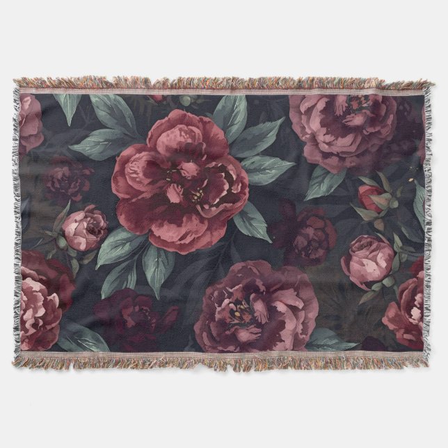 Moody Florals Watercolor Mörkröd Mönster Filt (Framsidan)