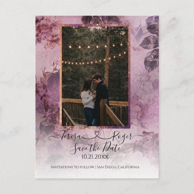 Moody Flowers Purple Heart Join Script med foto Meddelande Vykort (Framsida)
