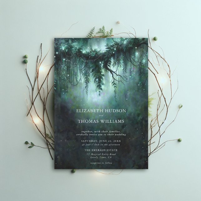Moody Forest Enchanted Blue Modern Mörk Bröllop Inbjudningar (moody forest wedding enchanted fairy tale faerie woodland magical bespoke elegant blue modern)