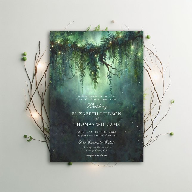 Moody Forest Greenery Enchanted Fairy Mörk Bröllop Inbjudningar (moody forest wedding enchanted fairy tale faerie woodland magical bespoke elegant invitation)