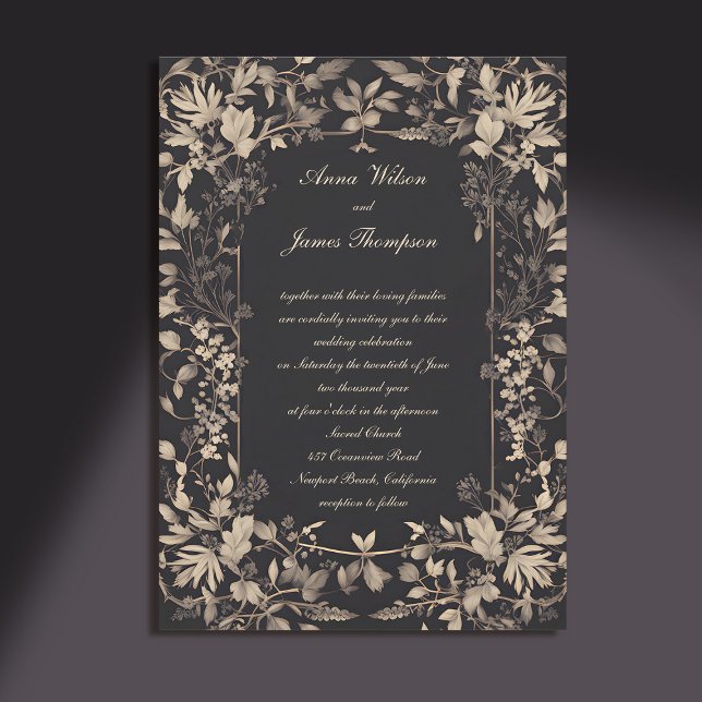 Moody Forest Grey Ram Mörk Classic Bröllop Inbjudningar (moody forest wedding invitation botanical frame dark gold elegant classic traditional calligraphy)