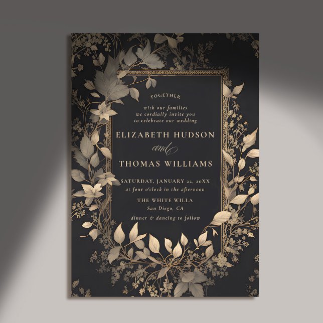 Moody Forest Lush Botanical Guld Patina Bröllop Inbjudningar (moody forest wedding invitation botanical frame black gold vintage elegant classic traditional)