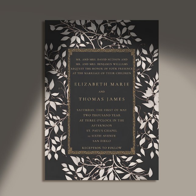 Moody Forest Patina Traditional Classic Bröllop Inbjudningar (moody forest wedding invitation botanical frame black white gold elegant classic traditional parents)