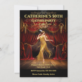 Moody Gatsby Red Gold 50th Birthday Invite Inbjudningar