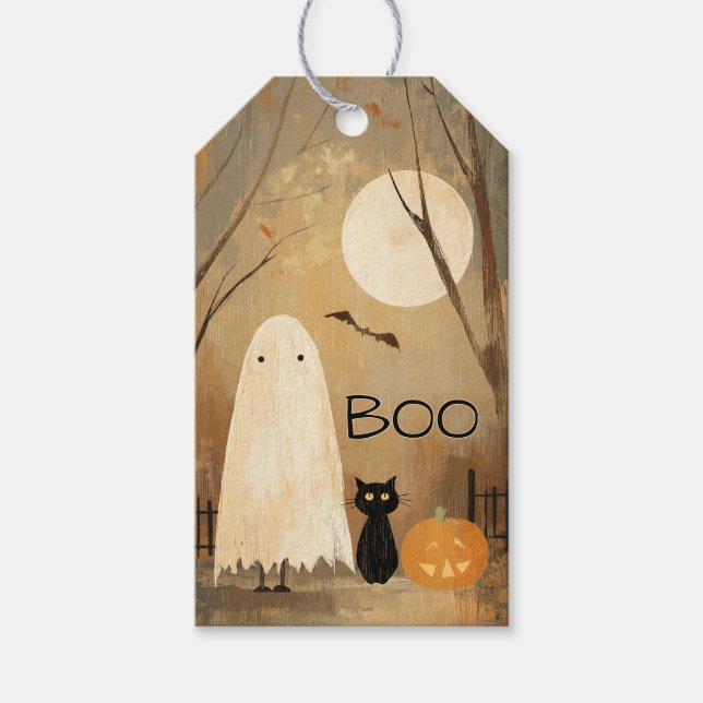 Moody Ghost & Black Cat Vintage Halloween Presentetikett (Framsidan)