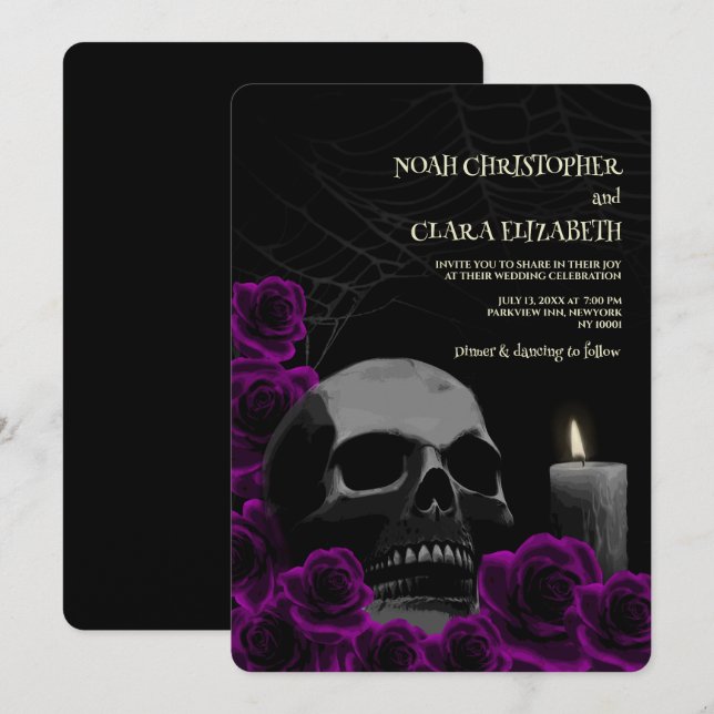Moody Gothic Black Lila Ro Halloween Skull Inbjudningar (Fram/baksida)
