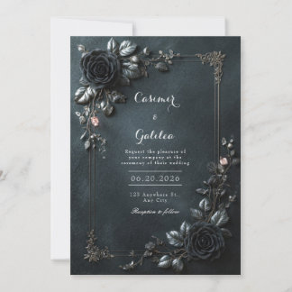 Moody Gothic Black Rose Floral Frame Wedding Inbjudningar