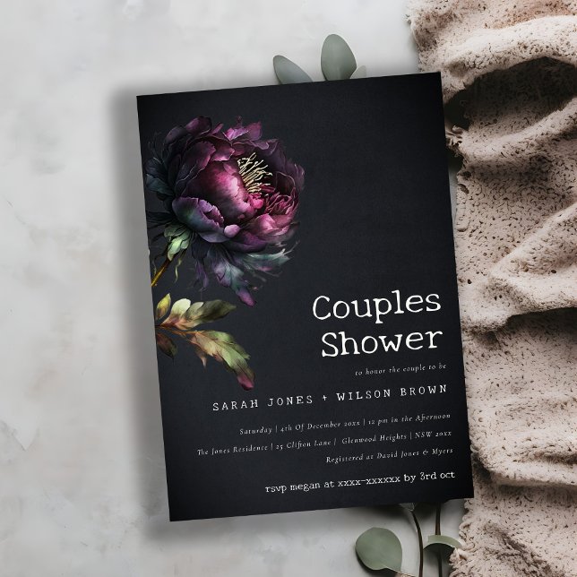 Moody Gothic Lila Black Peony Par Shower Inbjudningar (Skapare uppladdad)