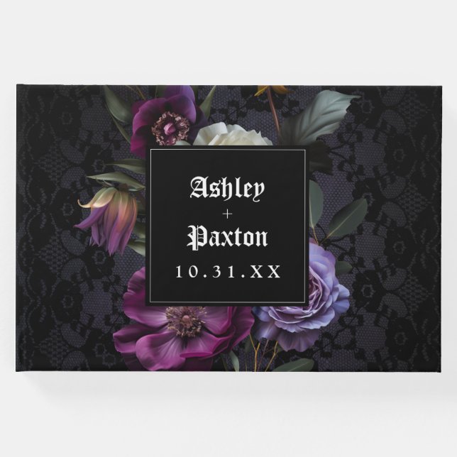 Moody Gothic Lila Blommigt Bouquet på Svarta Snöre Gästböcker (Framsida)