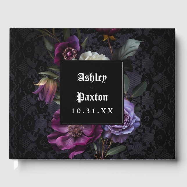 Moody Gothic Lila Blommigt Bouquet på Svarta Snöre Gästböcker (Framsida)