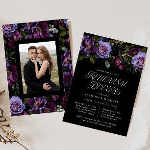 Moody Gothic Lila Blommigt Photo Rehearsal Dinner Inbjudningar