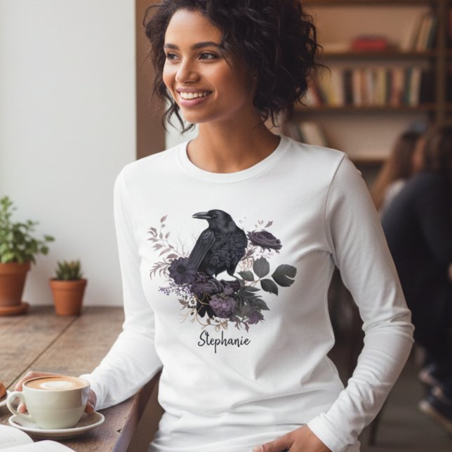Moody Gothic Raven Dark Academia T Shirt (Floral Gothic Raven long sleeve tshirt
)