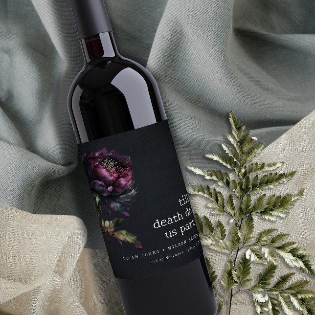 Moody gotisk Mörk Lila Black Peony Bröllop Vinflaska Etikett (Skapare uppladdad)