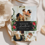 Moody Grått Modern Script 3 Photo God jul Julkort<br><div class="desc">Den här samlingen har vattenfärgade röda blommigtar,  bär och vintergröna med modern och elegant typografi,  med ett botaniskt mönster baksida på vintern.</div>