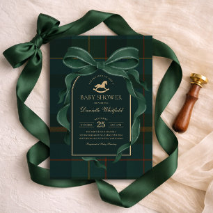 Moody Green Bow Equestrian Tartan Polo Baby Shower Inbjudningar