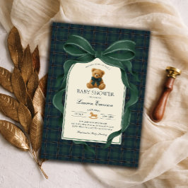 Moody Green Plaid Polo Teddy Bear Boy Baby Shower Inbjudningar