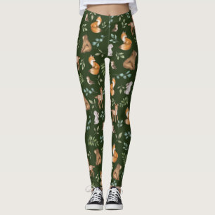 Moody Grönt Woodland Forest Animals Mönster Leggings
