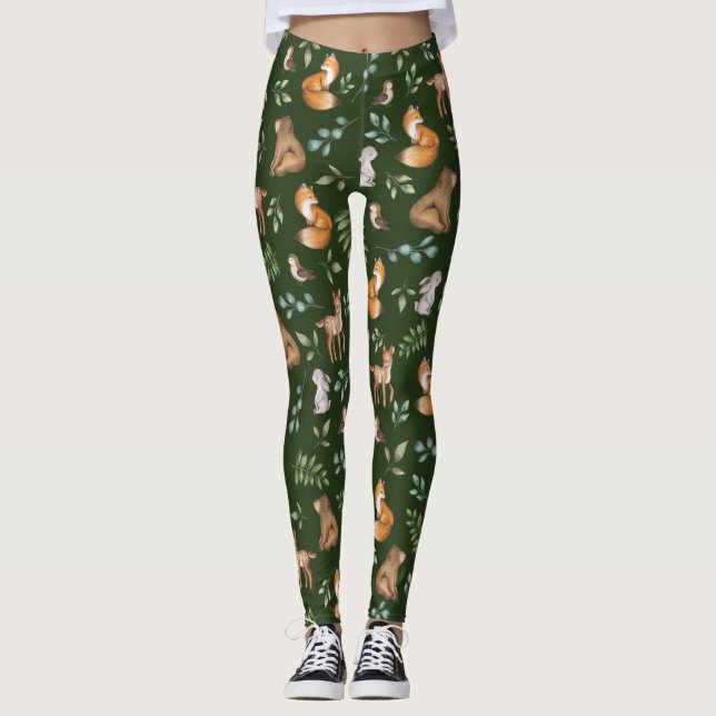 Moody Grönt Woodland Forest Animals Mönster Leggings (Framsida)