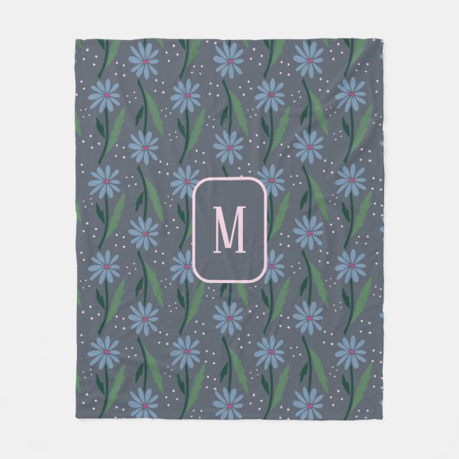 Moody Hand Drawn Retro Blue Daisy Floral Monogram Fleecefilt (Framsidan)