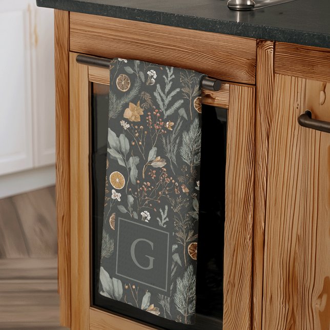 Moody Helgdag för botaniska mungram jul i vinter Kökshandduk (Skapare uppladdad)