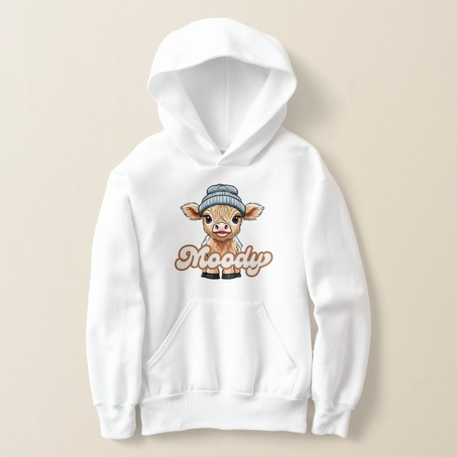 Moody Highland Cow Kids Hoodie Sweatshirt T Shirt (Laydown)