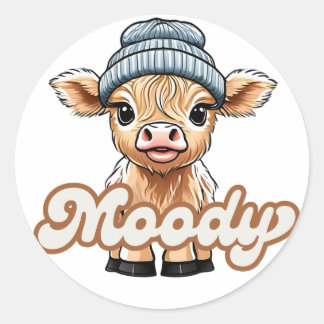 Moody Highland Cow Sticker Runt Klistermärke