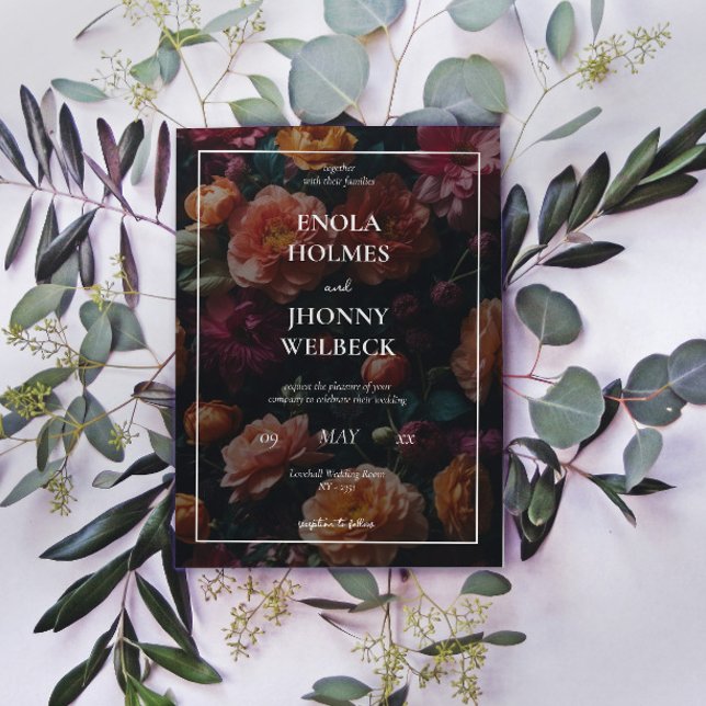 Moody inbjudan till mörk för romsk Blommigt bröllo (Dark Moody Romantic Floral Wedding Invitation)