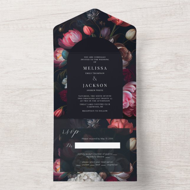 Moody inbjudan till Peony Blommigt Bröllop Arch (Insida)