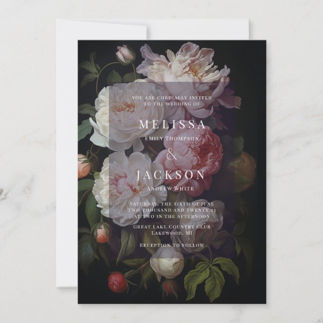 Moody inbjudan till White Peony Wedding (Framsida)