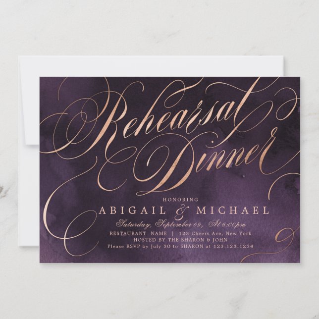 Moody kalligrafi för lila guld-kalligrafi-repetiti inbjudningar (Framsida)