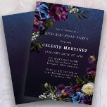 Moody Lila blommor 30års födelsedag Party Inbjudningar<br><div class="desc">Djup lila blommor med vita och blå burkar skapar en moody vinterpalett. De är kapslade i mörk grönt och svart löv. Den mörk blått vattenfärgsbakgrunden ge är en gotisk vibe och ramar blommorna perfekt. Den gör också att den vita texten visas. Den här inbjudan från 30års födelsedag går att hämta...</div>